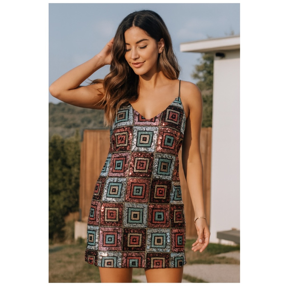 ZARA Sequin Geometric Mini Slip Dress Party Holiday New Year’s Eve Size Medium
